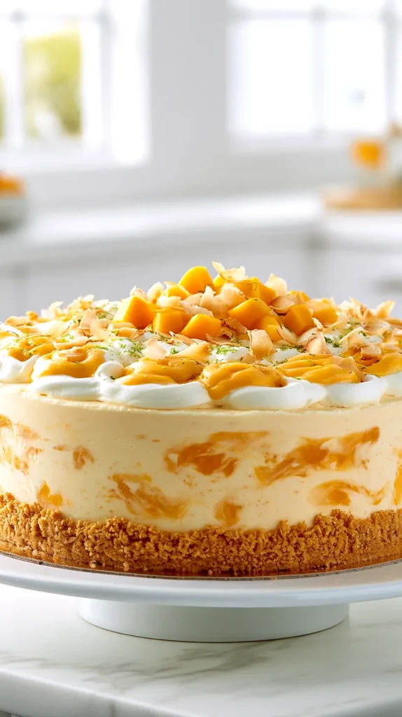hyper-realistic food photography of a whole mango ice cream cake in a 9-inch round springform pan with the metal ring removed, tall clean-sided cake with a thick golden vanilla wafer crumb crust, creamy pale mango-orange ice cream layers, soft swirls of deeper mango puree visible on top, finished with a smooth layer of whipped topping, topped with small fresh diced mango cubes, light toasted coconut flakes, and a little lime zest, set on a white cake stand on a white marble countertop in a bright white kitchen, soft natural window light, crisp editorial styling, realistic frozen texture, clean sharp edges, tropical but elegant, no people, no text, no logo, no watermark