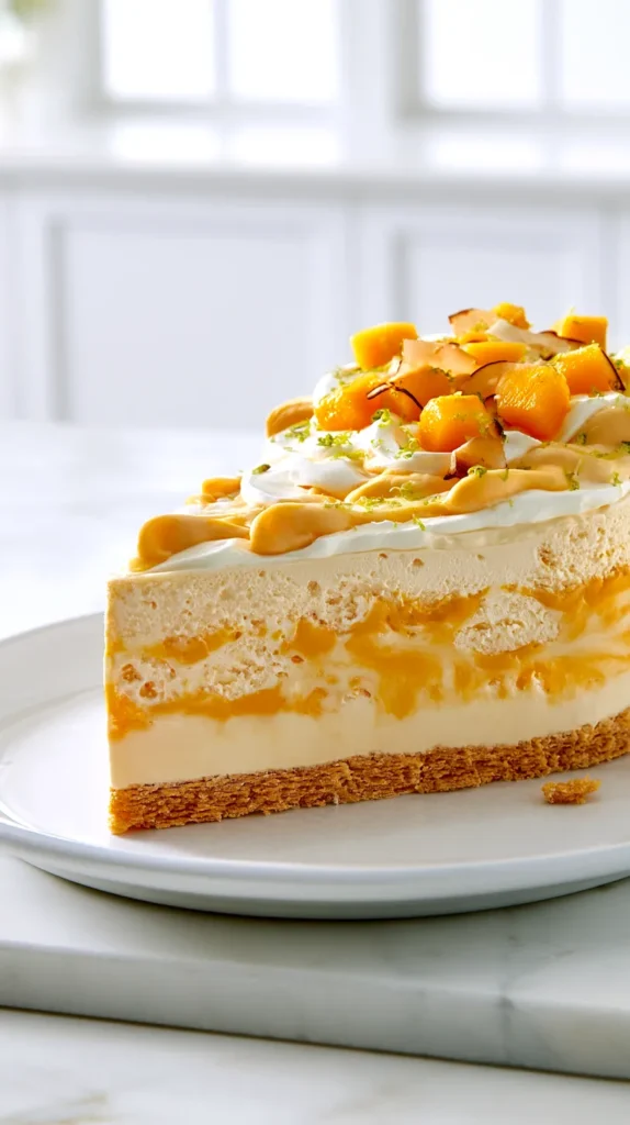 hyper-realistic food photography of a single slice of mango ice cream cake on a white dessert plate, slice cut from a 9-inch round springform cake, thick golden vanilla wafer crust on the bottom, creamy pale mango-orange ice cream layer, brighter mango sorbet-style layer, soft mango puree swirls, smooth whipped topping on top, garnished with small 1/4-inch fresh mango cubes, a few toasted coconut flakes, and fine lime zest, clean triangular slice with neat layers, white marble countertop, bright white kitchen background, soft natural daylight, crisp focus, editorial dessert styling, realistic textures, no people, no text, no logo, no watermark