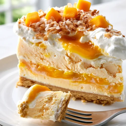hyper-realistic food photography of a single slice of mango ice cream cake on a white plate with a fork lifting one bite from the front edge, visible creamy frozen layers stretching slightly at the lifted bite, thick golden vanilla wafer crust, pale mango-orange ice cream, brighter mango layer, glossy mango puree swirl, soft whipped topping, tiny fresh mango cubes and toasted coconut on top, bite-sized piece on the fork showing the creamy interior and crust, set on a white marble countertop in a bright airy kitchen, soft natural window light, crisp editorial food styling, realistic frozen dessert texture, no people visible, no text, no logo, no watermark