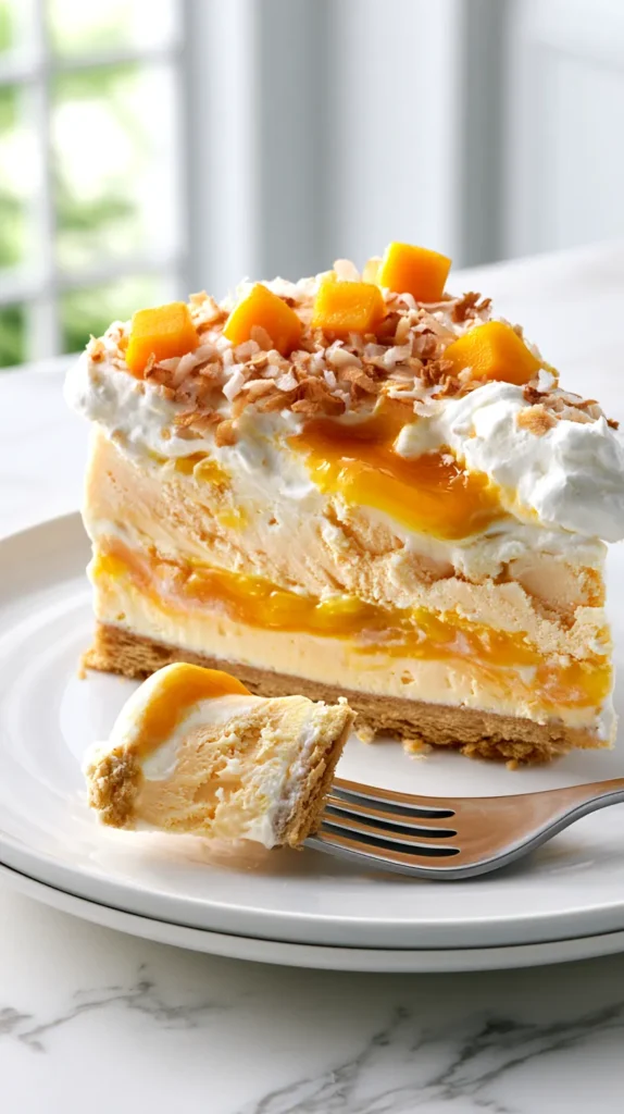 hyper-realistic food photography of a single slice of mango ice cream cake on a white plate with a fork lifting one bite from the front edge, visible creamy frozen layers stretching slightly at the lifted bite, thick golden vanilla wafer crust, pale mango-orange ice cream, brighter mango layer, glossy mango puree swirl, soft whipped topping, tiny fresh mango cubes and toasted coconut on top, bite-sized piece on the fork showing the creamy interior and crust, set on a white marble countertop in a bright airy kitchen, soft natural window light, crisp editorial food styling, realistic frozen dessert texture, no people visible, no text, no logo, no watermark