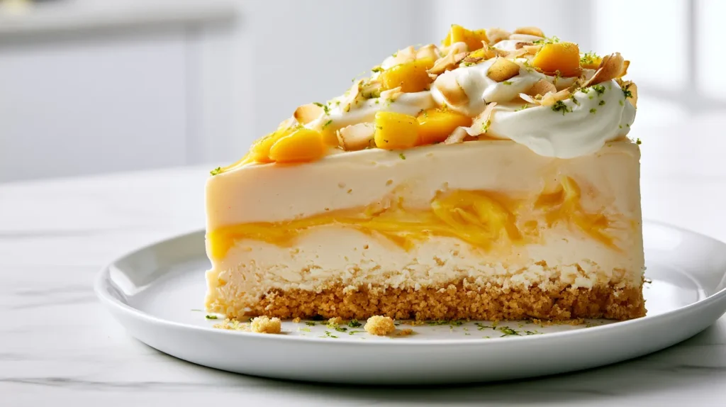 hyper-realistic food photography of a single slice of mango ice cream cake on a white dessert plate, slice cut from a 9-inch round springform cake, thick golden vanilla wafer crust on the bottom, creamy pale mango-orange ice cream layer, brighter mango sorbet-style layer, soft mango puree swirls, smooth whipped topping on top, garnished with small 1/4-inch fresh mango cubes, a few toasted coconut flakes, and fine lime zest, clean triangular slice with neat layers, white marble countertop, bright white kitchen background, soft natural daylight, crisp focus, editorial dessert styling, realistic textures, no people, no text, no logo, no watermark