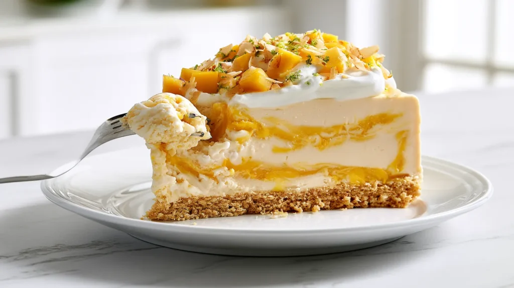 hyper-realistic food photography of a single slice of mango ice cream cake on a white plate with a fork lifting one bite from the front edge, visible creamy frozen layers stretching slightly at the lifted bite, thick golden vanilla wafer crust, pale mango-orange ice cream, brighter mango layer, glossy mango puree swirl, soft whipped topping, tiny fresh mango cubes and toasted coconut on top, bite-sized piece on the fork showing the creamy interior and crust, set on a white marble countertop in a bright airy kitchen, soft natural window light, crisp editorial food styling, realistic frozen dessert texture, no people visible, no text, no logo, no watermark