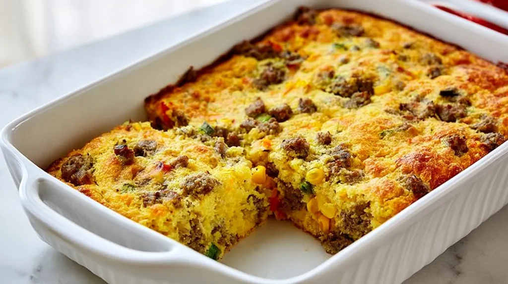 Mexican breakfast cornbread baked in a square white ceramic baking dish, golden fluffy cornbread cut into soft rustic squares, lightly browned top, crisp golden edges, visible cheddar cheese pockets, browned breakfast sausage crumbles, sweet corn kernels, tiny green chile pieces, red bell pepper pieces, and sliced green onions, appetizing homemade brunch recipe, warm fresh-baked texture, one square slightly lifted to show tender crumb, clean white marble countertop, bright airy white kitchen background, soft natural morning light, realistic food blog photography, fresh and inviting, no text, no watermark