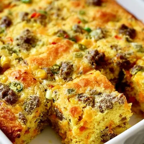 Overhead brunch table with Mexican breakfast cornbread squares arranged in the same white rectangular ceramic casserole dish with rounded corners, built-in oval handles, subtle ribbed sides, and a glossy finish, one or two squares slightly separated, warm golden cornbread with visible sausage crumbles, corn kernels, green chile pieces, red bell pepper pieces, and melted cheese, small bowls of salsa, sour cream, sliced avocado, lime wedges, hot sauce, and chopped green onions nearby, casual cheerful breakfast spread, bright white kitchen, soft natural window light, clean editorial food photography, no text, no watermark