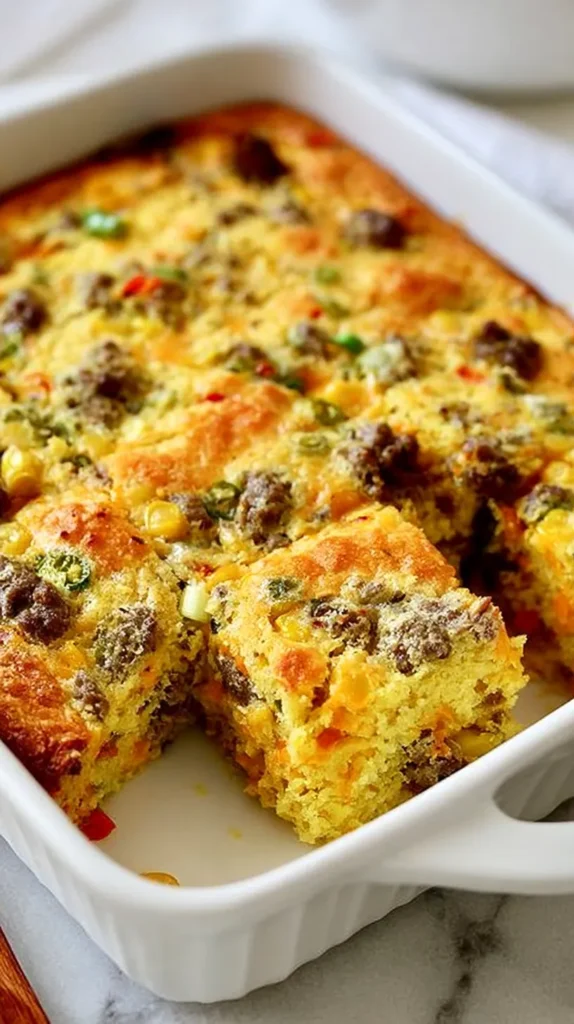 Overhead brunch table with Mexican breakfast cornbread squares arranged in the same white rectangular ceramic casserole dish with rounded corners, built-in oval handles, subtle ribbed sides, and a glossy finish, one or two squares slightly separated, warm golden cornbread with visible sausage crumbles, corn kernels, green chile pieces, red bell pepper pieces, and melted cheese, small bowls of salsa, sour cream, sliced avocado, lime wedges, hot sauce, and chopped green onions nearby, casual cheerful breakfast spread, bright white kitchen, soft natural window light, clean editorial food photography, no text, no watermark
