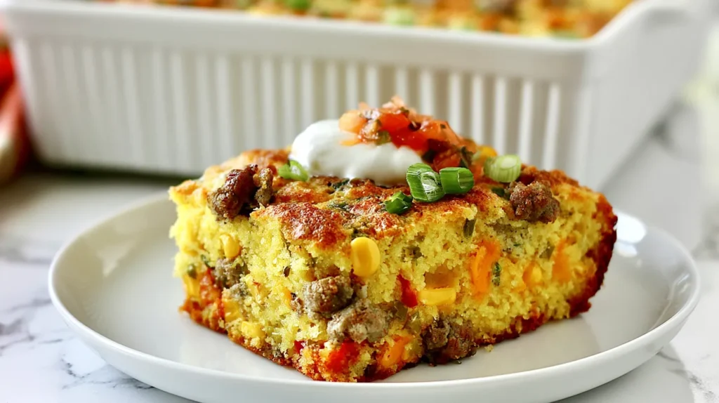 Thick square slice of Mexican breakfast cornbread served on a plain white plate, matching the same recipe from a white rectangular ribbed ceramic casserole dish in the softly blurred background, golden fluffy cornbread crumb, lightly browned edges, small browned breakfast sausage crumbles, sweet corn kernels, tiny green chile pieces, red bell pepper pieces, and small melted cheddar pockets inside the cornbread, light spoonful of sour cream and a small amount of pico de gallo on top, a few sliced green onions, realistic homemade food blog photography, bright white kitchen, soft natural window light, white marble countertop, cohesive with the casserole dish images, appetizing but not overly cheesy, no text, no watermark