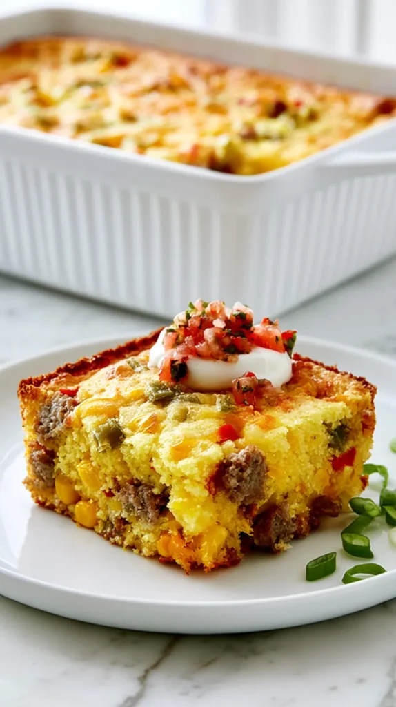 Single square of Mexican breakfast cornbread on a plain white plate, same white rectangular ribbed ceramic casserole dish softly blurred in the background, golden fluffy cornbread texture, lightly crisp browned edges, visible small sausage crumbles, corn kernels, green chile pieces, red bell pepper pieces, and modest melted cheddar pockets, small spoonful of sour cream and pico de gallo on top, sliced green onions scattered lightly, white marble countertop, bright white kitchen, soft morning window light, realistic homemade recipe photography, cohesive with the original casserole images, no dramatic cheese pull, no heavy toppings, no text, no watermark