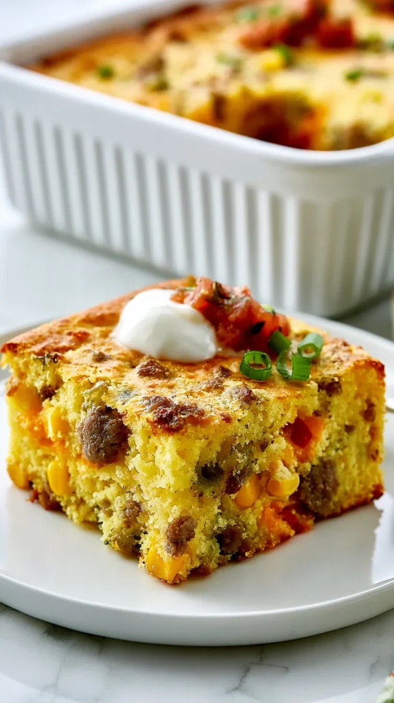 Thick square slice of Mexican breakfast cornbread served on a plain white plate, matching the same recipe from a white rectangular ribbed ceramic casserole dish in the softly blurred background, golden fluffy cornbread crumb, lightly browned edges, small browned breakfast sausage crumbles, sweet corn kernels, tiny green chile pieces, red bell pepper pieces, and small melted cheddar pockets inside the cornbread, light spoonful of sour cream and a small amount of pico de gallo on top, a few sliced green onions, realistic homemade food blog photography, bright white kitchen, soft natural window light, white marble countertop, cohesive with the casserole dish images, appetizing but not overly cheesy, no text, no watermark