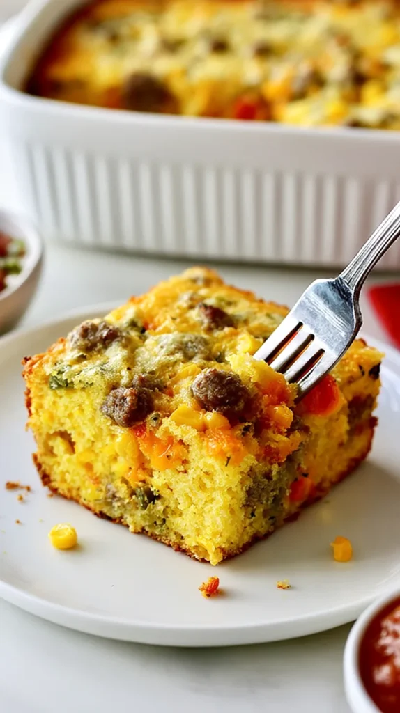 Fork lifting a bite from a square of Mexican breakfast cornbread on a white plate, visible missing bite mark, soft golden crumb, melted cheese stretch, sausage crumbles, corn kernels, green chiles, and red bell pepper pieces, glossy salsa on the side, cozy savory breakfast mood, white marble counter, bright kitchen background, hyper-realistic close-up food photography, no text, no watermark