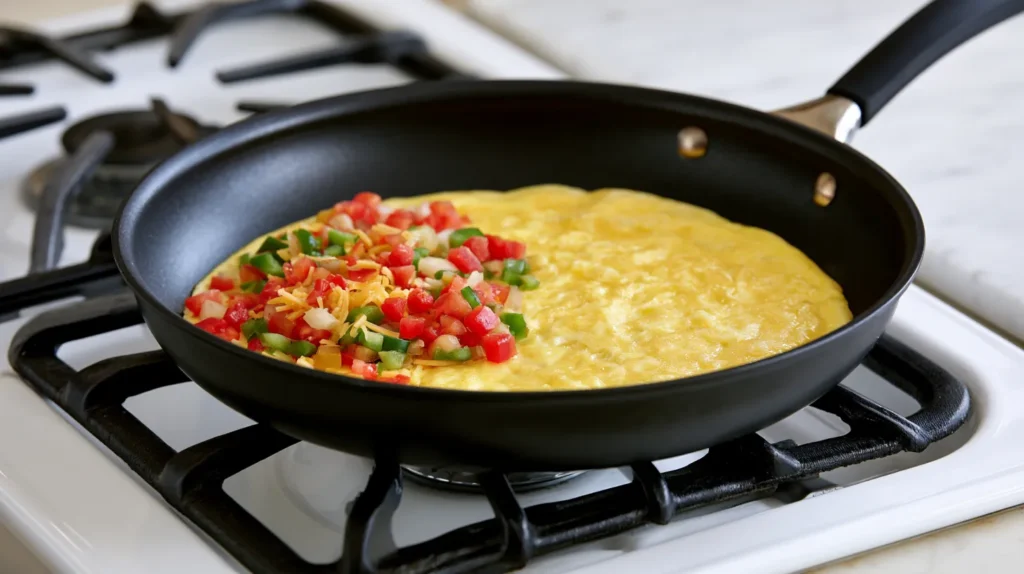 Mexican omelette cooking open-faced before folding in a shallow 8-inch black nonstick skillet on a white gas stovetop with black burner grates, thin soft egg sheet spread evenly in the pan, filling placed only on the left half, lightly sautéed finely diced red bell pepper, green bell pepper, onion, tomato, and a small amount of melted cheddar cheese, right half plain and ready to fold over, delicate soft omelette texture, slightly uneven handmade edges, not thick, not puffy, not browned, bright white kitchen background, soft natural morning light, realistic editorial food photography, slightly angled close-up, no people, no text