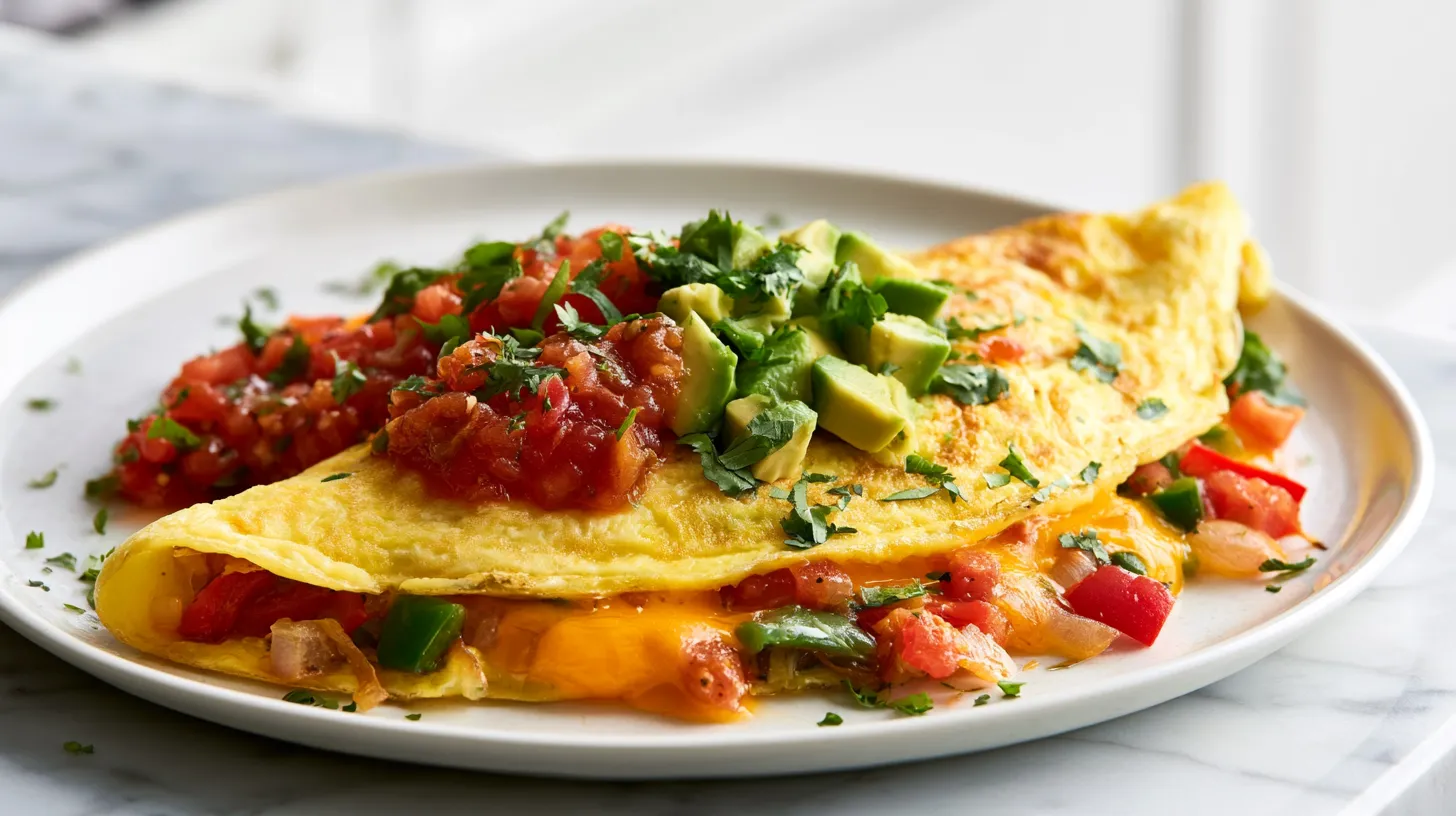 Beautiful plated Mexican omelette on a white plate, soft fluffy eggs with melty Monterey Jack and cheddar, colorful peppers and onions inside, topped with fresh salsa, avocado slices, cilantro, and a small dollop of sour cream, bright airy kitchen, white marble counter, crisp natural lighting, hyper-realistic food photography, clean and fresh styling, no people, no text