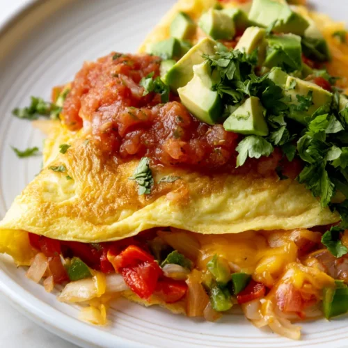 Beautiful plated Mexican omelette on a white plate, soft fluffy eggs with melty Monterey Jack and cheddar, colorful peppers and onions inside, topped with fresh salsa, avocado slices, cilantro, and a small dollop of sour cream, bright airy kitchen, white marble counter, crisp natural lighting, hyper-realistic food photography, clean and fresh styling, no people, no text