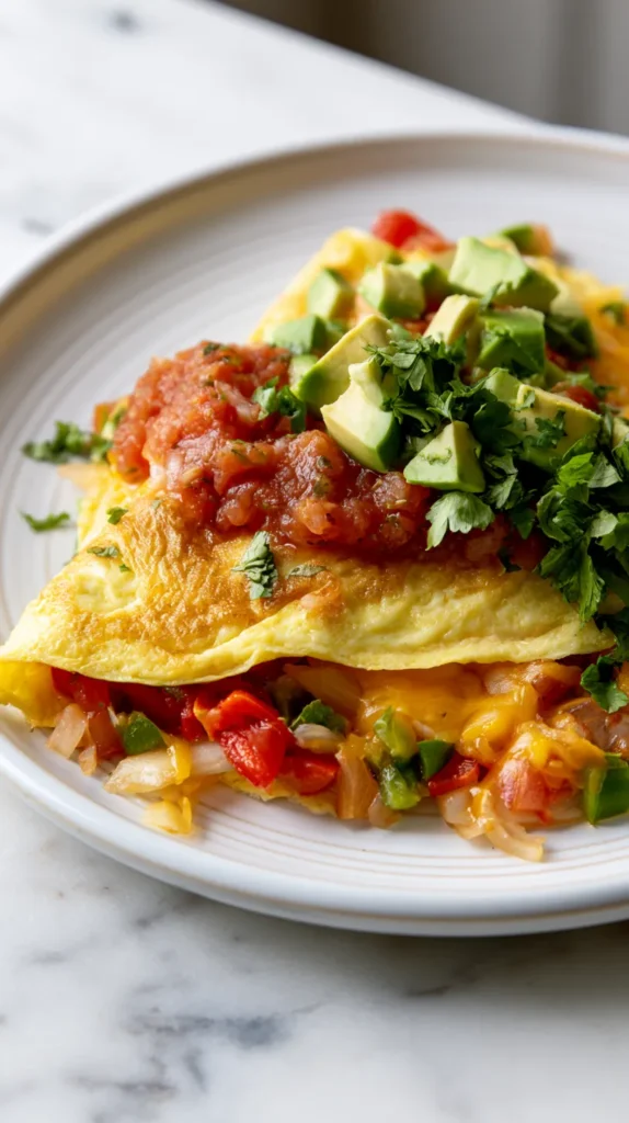 Beautiful plated Mexican omelette on a white plate, soft fluffy eggs with melty Monterey Jack and cheddar, colorful peppers and onions inside, topped with fresh salsa, avocado slices, cilantro, and a small dollop of sour cream, bright airy kitchen, white marble counter, crisp natural lighting, hyper-realistic food photography, clean and fresh styling, no people, no text
