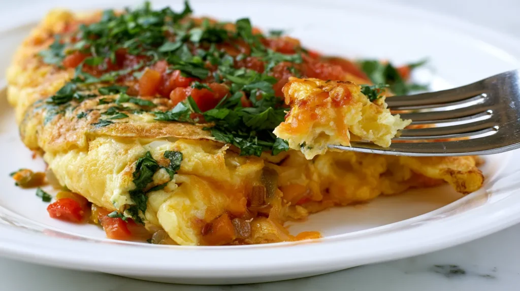 Fork lifting a small bite from the edge of a thin folded Mexican omelette on a white plate, clear missing bite mark on the folded omelette, soft fluffy egg layers visible, small amount of melted cheese, diced peppers and onions inside, light salsa and cilantro on top, realistic omelette texture, not a thick baked slice, bright white kitchen background, white marble counter, close-up editorial food photography, no people, no text