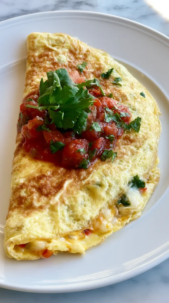 Classic Mexican omelette on a white plate, thin folded oval omelette with a soft half-moon shape, lightly golden but not browned, melted cheese and finely diced peppers showing at the seam, spoonful of salsa on top, fresh cilantro garnish, simple breakfast plate, white marble kitchen counter, bright natural light, realistic food photography, no people, no text