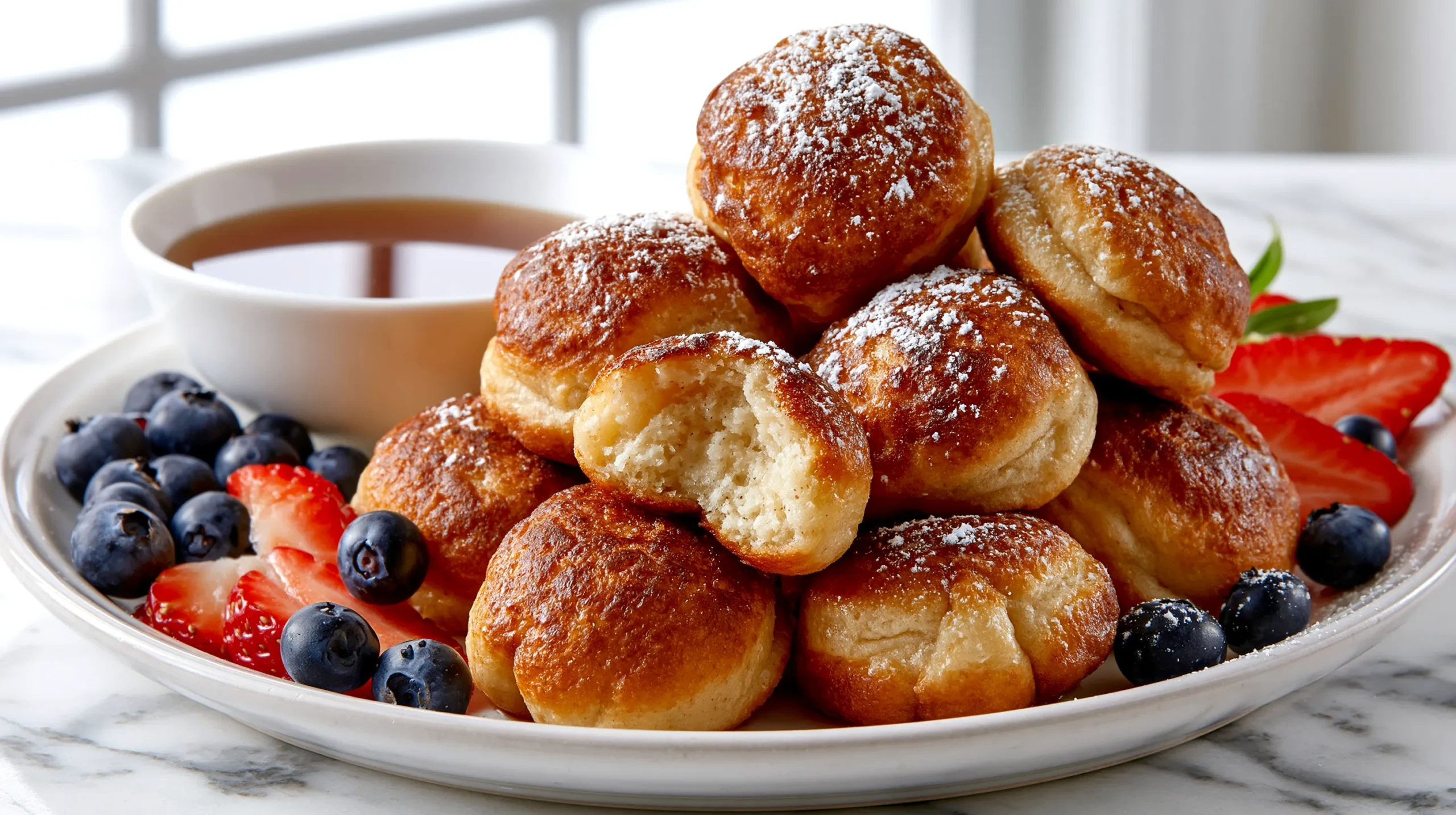 hyper-realistic photo of pancake poppers, small round bite-size pancake balls cooked in an ebelskiver pan, about 1.5 inches wide, gently puffed and evenly rounded, lightly golden brown on the outside with soft fluffy pancake centers, stacked casually on a white ceramic plate, one popper split open to show the tender interior, served with a small white bowl of maple syrup for dipping, fresh blueberries and sliced strawberries around the plate, light dusting of powdered sugar, bright white kitchen background, white marble countertop, soft natural window light, clean editorial food styling, crisp focus, realistic texture, no people, no text, no logos, no watermark