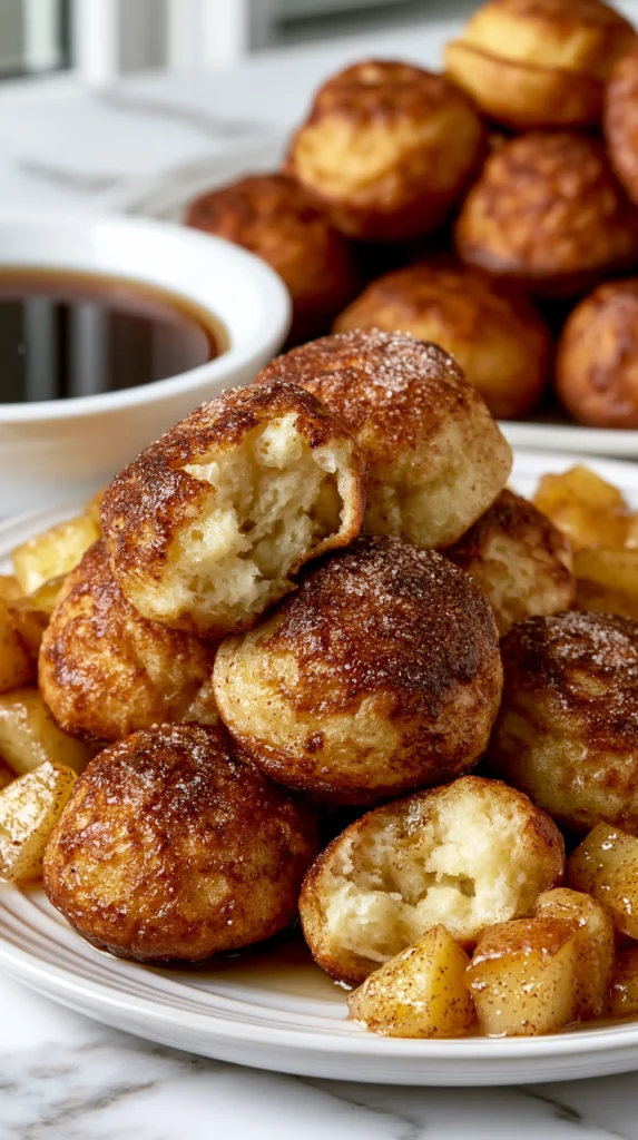 hyper-realistic photo of pancake poppers, small round bite-size pancake balls cooked in an ebelskiver pan, about 1.5 inches wide, gently puffed and evenly rounded, lightly golden brown on the outside with soft fluffy pancake centers, stacked casually on a white ceramic plate, one popper split open to show the tender interior, served with a small white bowl of maple syrup for dipping, topped with a light dusting of cinnamon sugar, with warm diced cinnamon apples arranged around the plate, bright white kitchen background, white marble countertop, soft natural window light, clean editorial food styling, crisp focus, realistic texture, no people, no text, no logos, no watermark