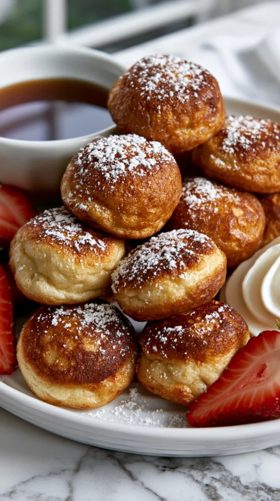 hyper-realistic photo of pancake poppers, small round bite-size pancake balls cooked in an ebelskiver pan, about 1.5 inches wide, gently puffed and evenly rounded, lightly golden brown on the outside with soft fluffy pancake centers, stacked casually on a white ceramic plate, served with a small white bowl of maple syrup for dipping, topped with a soft dusting of powdered sugar, fresh sliced strawberries around the plate, and a small spoonful of whipped cream beside the stack, bright white kitchen background, white marble countertop, soft natural window light, clean editorial food styling, crisp focus, realistic texture, no people, no text, no logos, no watermark