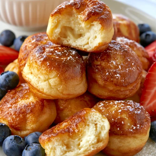 hyper-realistic photo of pancake poppers, small round bite-size pancake balls cooked in an ebelskiver pan, about 1.5 inches wide, gently puffed and evenly rounded, lightly golden brown on the outside with soft fluffy pancake centers, stacked casually on a white ceramic plate, one popper split open to show the tender interior, served with a small white bowl of maple syrup for dipping, fresh blueberries and sliced strawberries around the plate, light dusting of powdered sugar, bright white kitchen background, white marble countertop, soft natural window light, clean editorial food styling, crisp focus, realistic texture, no people, no text, no logos, no watermark