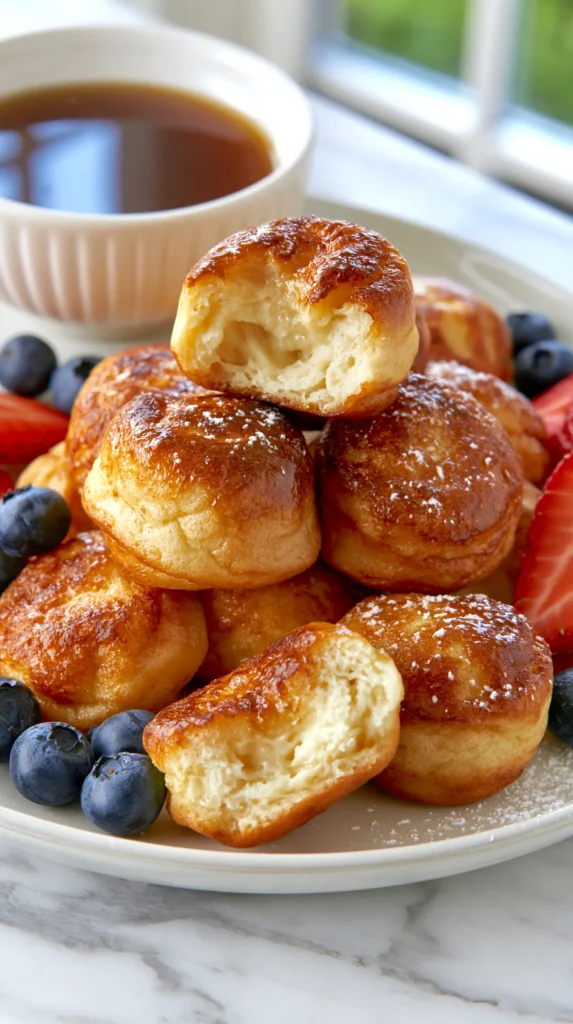 hyper-realistic photo of pancake poppers, small round bite-size pancake balls cooked in an ebelskiver pan, about 1.5 inches wide, gently puffed and evenly rounded, lightly golden brown on the outside with soft fluffy pancake centers, stacked casually on a white ceramic plate, one popper split open to show the tender interior, served with a small white bowl of maple syrup for dipping, fresh blueberries and sliced strawberries around the plate, light dusting of powdered sugar, bright white kitchen background, white marble countertop, soft natural window light, clean editorial food styling, crisp focus, realistic texture, no people, no text, no logos, no watermark