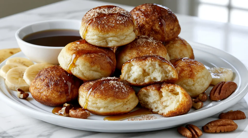 hyper-realistic photo of pancake poppers, small round bite-size pancake balls cooked in an ebelskiver pan, about 1.5 inches wide, gently puffed and evenly rounded, lightly golden brown on the outside with soft fluffy pancake centers, stacked casually on a white ceramic plate, one popper split open to show the tender interior, served with a small white bowl of maple syrup for dipping, topped with a light dusting of cinnamon sugar and a drizzle of maple glaze, garnished with sliced bananas and a few chopped pecans around the plate, bright white kitchen background, white marble countertop, soft natural window light, clean editorial food styling, crisp focus, realistic texture, no people, no text, no logos, no watermark