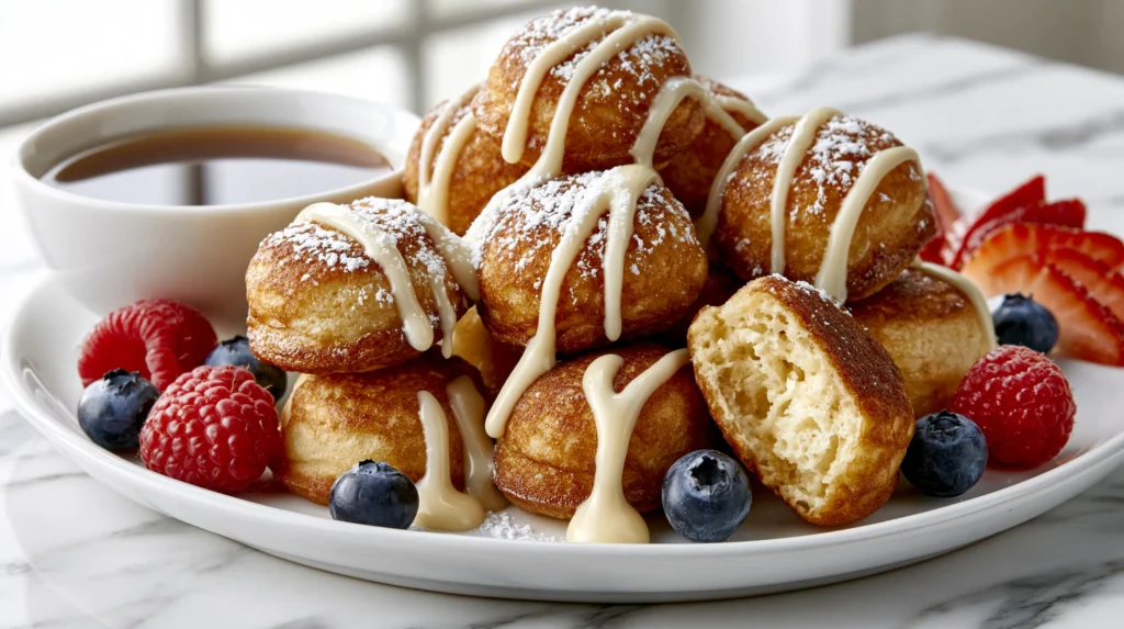 hyper-realistic photo of pancake poppers, small round bite-size pancake balls cooked in an ebelskiver pan, about 1.5 inches wide, gently puffed and evenly rounded, lightly golden brown on the outside with soft fluffy pancake centers, stacked casually on a white ceramic plate, one popper split open to show the tender interior, served with a small white bowl of maple syrup for dipping, topped with a soft dusting of powdered sugar and a light drizzle of vanilla icing, garnished with fresh raspberries, blueberries, and sliced strawberries around the plate, bright white kitchen background, white marble countertop, soft natural window light, clean editorial food styling, crisp focus, realistic texture, no people, no text, no logos, no watermark