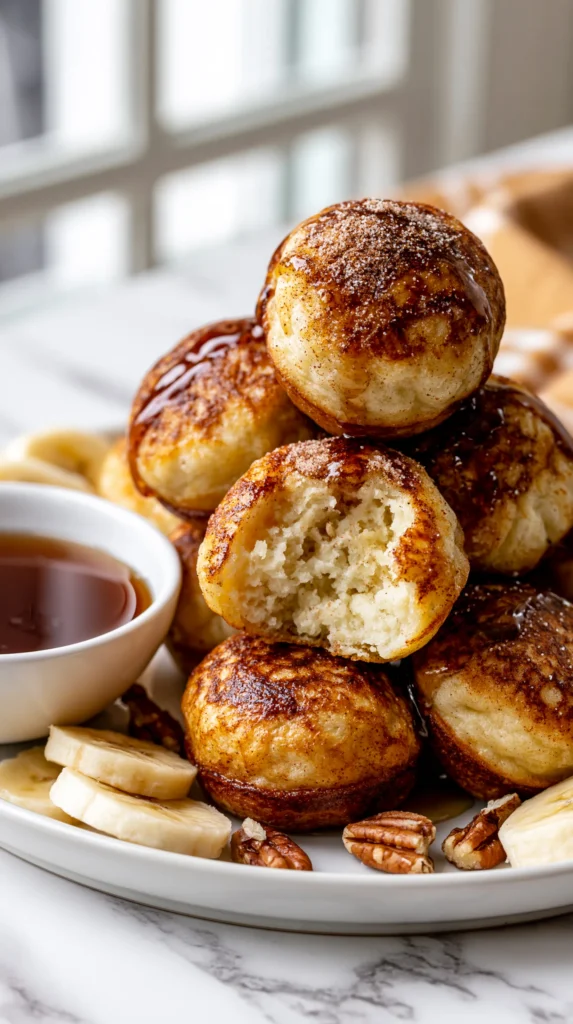hyper-realistic photo of pancake poppers, small round bite-size pancake balls cooked in an ebelskiver pan, about 1.5 inches wide, gently puffed and evenly rounded, lightly golden brown on the outside with soft fluffy pancake centers, stacked casually on a white ceramic plate, one popper split open to show the tender interior, served with a small white bowl of maple syrup for dipping, topped with a light dusting of cinnamon sugar and a drizzle of maple glaze, garnished with sliced bananas and a few chopped pecans around the plate, bright white kitchen background, white marble countertop, soft natural window light, clean editorial food styling, crisp focus, realistic texture, no people, no text, no logos, no watermark