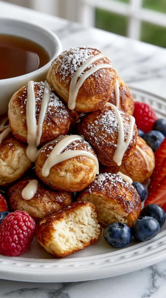 hyper-realistic photo of pancake poppers, small round bite-size pancake balls cooked in an ebelskiver pan, about 1.5 inches wide, gently puffed and evenly rounded, lightly golden brown on the outside with soft fluffy pancake centers, stacked casually on a white ceramic plate, one popper split open to show the tender interior, served with a small white bowl of maple syrup for dipping, topped with a soft dusting of powdered sugar and a light drizzle of vanilla icing, garnished with fresh raspberries, blueberries, and sliced strawberries around the plate, bright white kitchen background, white marble countertop, soft natural window light, clean editorial food styling, crisp focus, realistic texture, no people, no text, no logos, no watermark