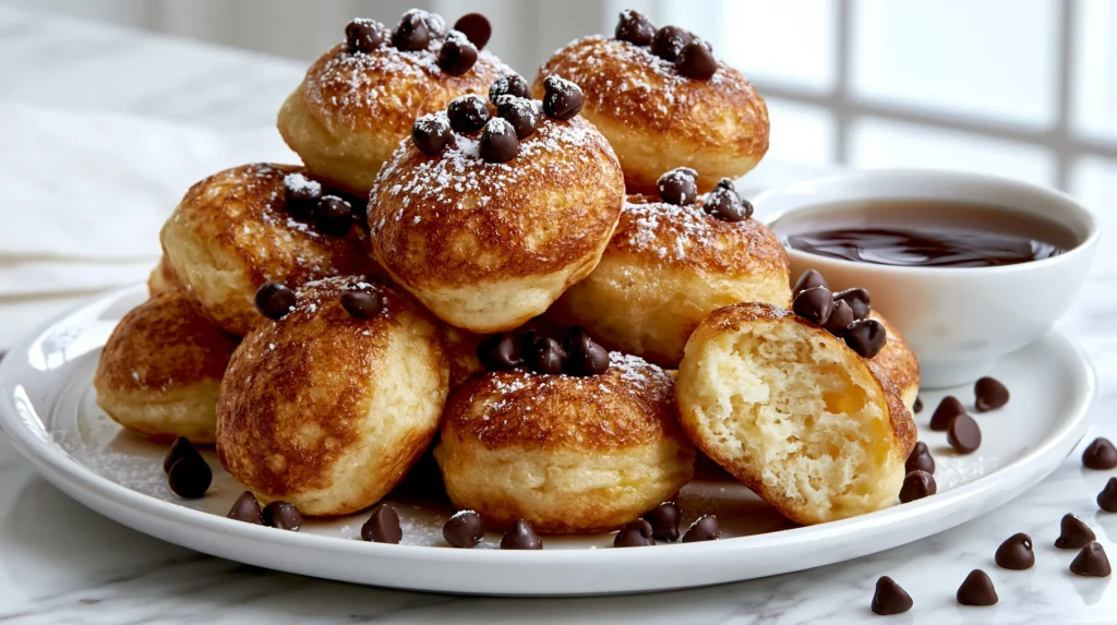 hyper-realistic photo of pancake poppers, small round bite-size pancake balls cooked in an ebelskiver pan, about 1.5 inches wide, gently puffed and evenly rounded, lightly golden brown on the outside with soft fluffy pancake centers, stacked casually on a white ceramic plate, one popper split open to show the tender interior, served with a small white bowl of maple syrup for dipping, topped with a light dusting of powdered sugar and scattered mini chocolate chips, with a few extra mini chocolate chips around the plate, bright white kitchen background, white marble countertop, soft natural window light, clean editorial food styling, crisp focus, realistic texture, no people, no text, no logos, no watermark