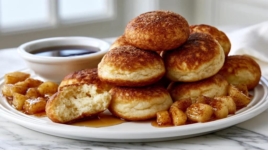 hyper-realistic photo of pancake poppers, small round bite-size pancake balls cooked in an ebelskiver pan, about 1.5 inches wide, gently puffed and evenly rounded, lightly golden brown on the outside with soft fluffy pancake centers, stacked casually on a white ceramic plate, one popper split open to show the tender interior, served with a small white bowl of maple syrup for dipping, topped with a light dusting of cinnamon sugar, with warm diced cinnamon apples arranged around the plate, bright white kitchen background, white marble countertop, soft natural window light, clean editorial food styling, crisp focus, realistic texture, no people, no text, no logos, no watermark