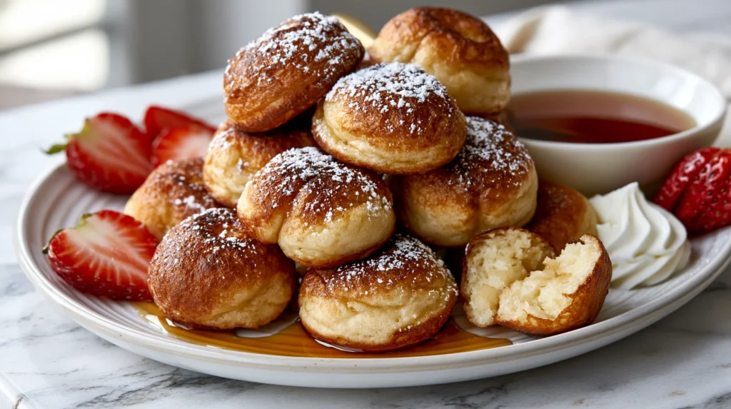 hyper-realistic photo of pancake poppers, small round bite-size pancake balls cooked in an ebelskiver pan, about 1.5 inches wide, gently puffed and evenly rounded, lightly golden brown on the outside with soft fluffy pancake centers, stacked casually on a white ceramic plate, one popper split open to show the tender interior, served with a small white bowl of maple syrup for dipping, topped with a soft dusting of powdered sugar, fresh sliced strawberries around the plate, and a small spoonful of whipped cream beside the stack, bright white kitchen background, white marble countertop, soft natural window light, clean editorial food styling, crisp focus, realistic texture, no people, no text, no logos, no watermark