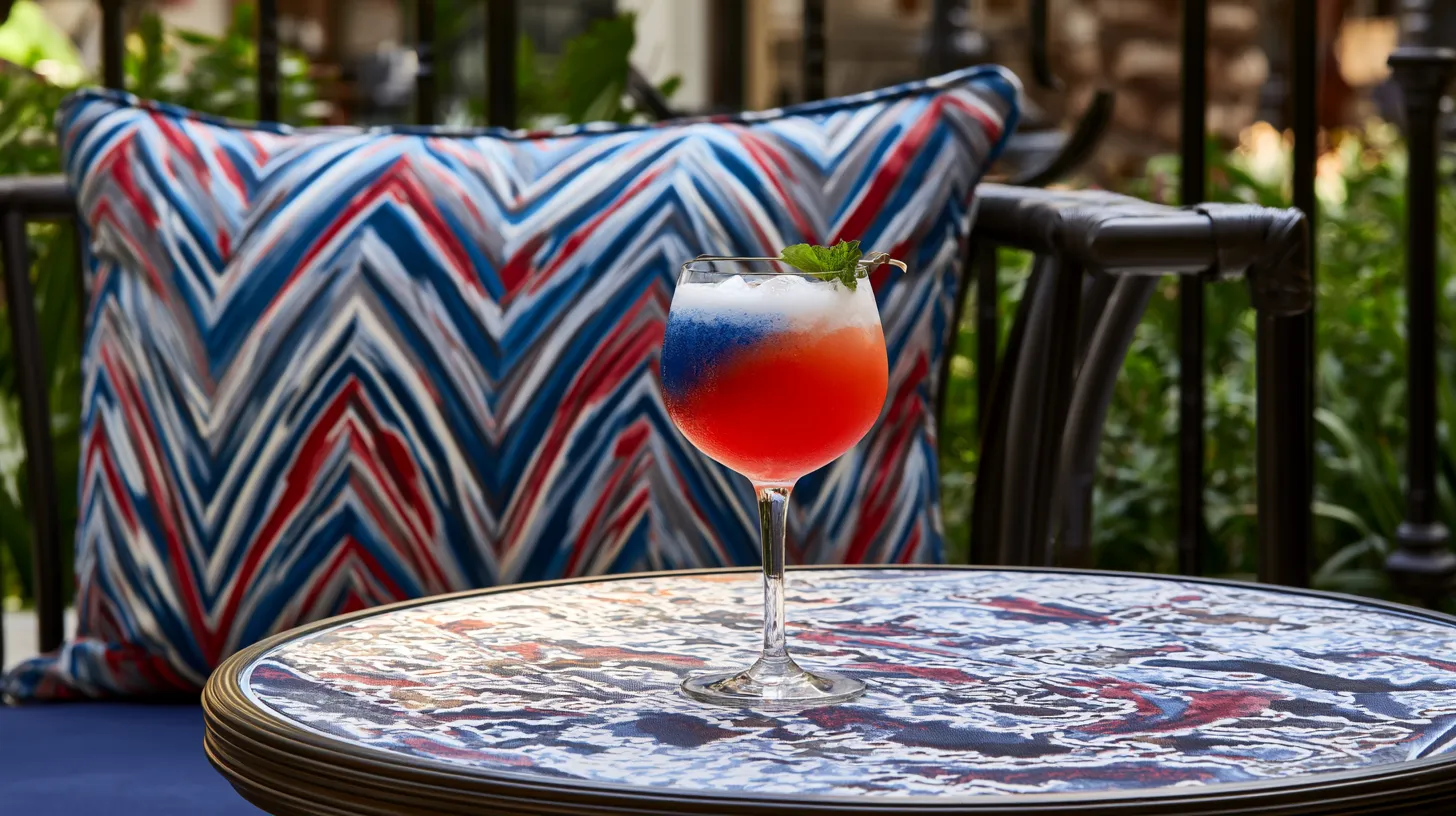 red, white and blue cocktail, on an out door table