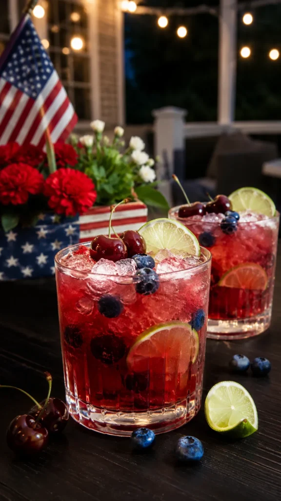 Cherry lime bourbon smash, hyper-realistic editorial cocktail photography, two low clear rocks glasses filled with a rich ruby-red cherry lime bourbon smash over crushed ice, fresh cherries, whole blueberries, thin lime wheels, splash of club soda, glossy fruit texture, cold condensation, styled on a dark stained porch table with a small American flag themed summer centerpiece, cozy Memorial Day evening setting with softly blurred porch lights in the background, bold polished cocktail styling, no people, no text, no watermark