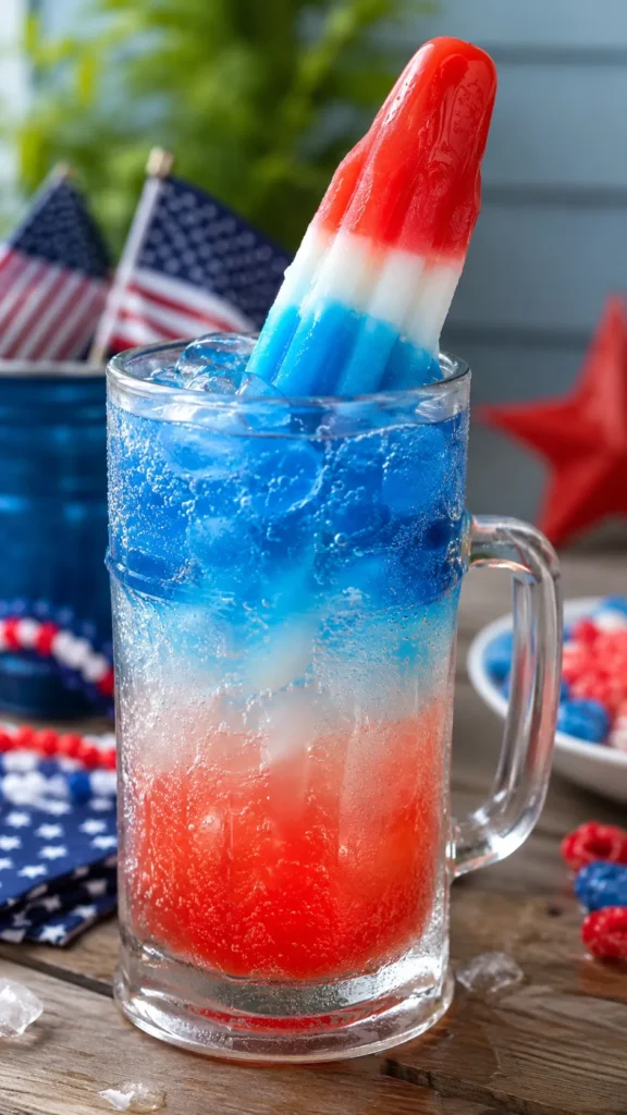 red white and blue popsicle cocktail, hyper-realistic cocktail photography, a tall frosty glass mug filled with layered red and blue sparkling cocktail over ice, topped with a red white and blue rocket popsicle partially melting into the drink, dramatic condensation, festive summer tabletop styling, patriotic party setup, bright clean lighting, playful Fourth of July mood