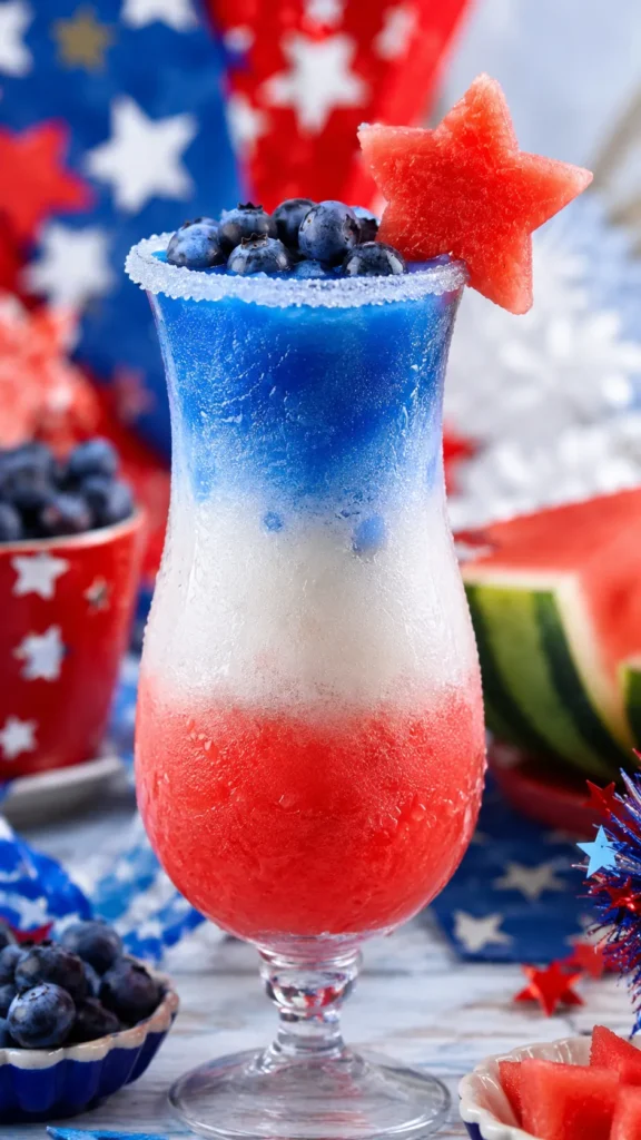 red white and blue frozen cocktail, hyper-realistic frozen drink photography, a layered slushy cocktail in a clear hurricane glass with distinct red white and blue frozen layers, sugar rim, blueberries and a watermelon star garnish, dramatic icy texture, styled on a festive summer dessert table with patriotic decor, bright crisp lighting, high-impact holiday party look, no people, no text, no watermark