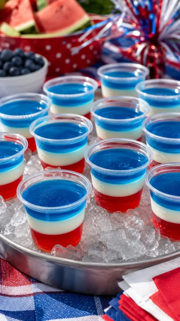 patriotic layered jello shots, hyper-realistic food photography, a tray filled with clear plastic party cups holding neat red white and blue layered gelatin shots, glossy texture, piled over crushed ice, festive backyard party styling, red white and blue napkins, small patriotic party accents, bright fun summer lighting, playful close-up composition, no people, no text, no watermark 