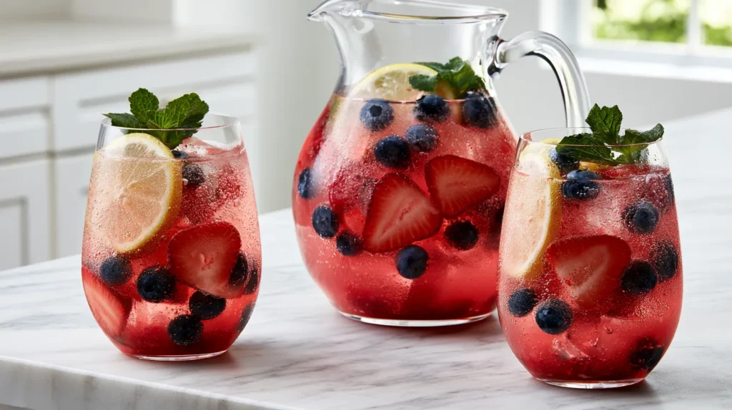 Berry lemonade vodka spritz, hyper-realistic editorial cocktail photography, a clear glass pitcher and two stemless glasses filled with a fizzy pink-red berry lemonade spritz, sliced strawberries, whole blueberries, thin lemon wheels, fresh mint garnish, visible bubbles, ice cubes, light condensation on the glasses, white marble countertop, bright white kitchen background, soft natural window light, crisp refreshing summer mood, clean styled composition, no people, no text, no watermark