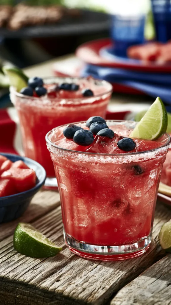 Watermelon margarita, hyper-realistic editorial cocktail photography, two short clear margarita glasses filled with vivid pink watermelon margaritas over ice, salted rims, lime wedges, fresh blueberries on top, small bowl of watermelon cubes nearby, styled on a rustic wooden picnic table with a festive red white and blue summer tablescape, blurred grill and backyard party atmosphere in the background, bright natural light, juicy fresh summer texture, no people, no text, no watermark