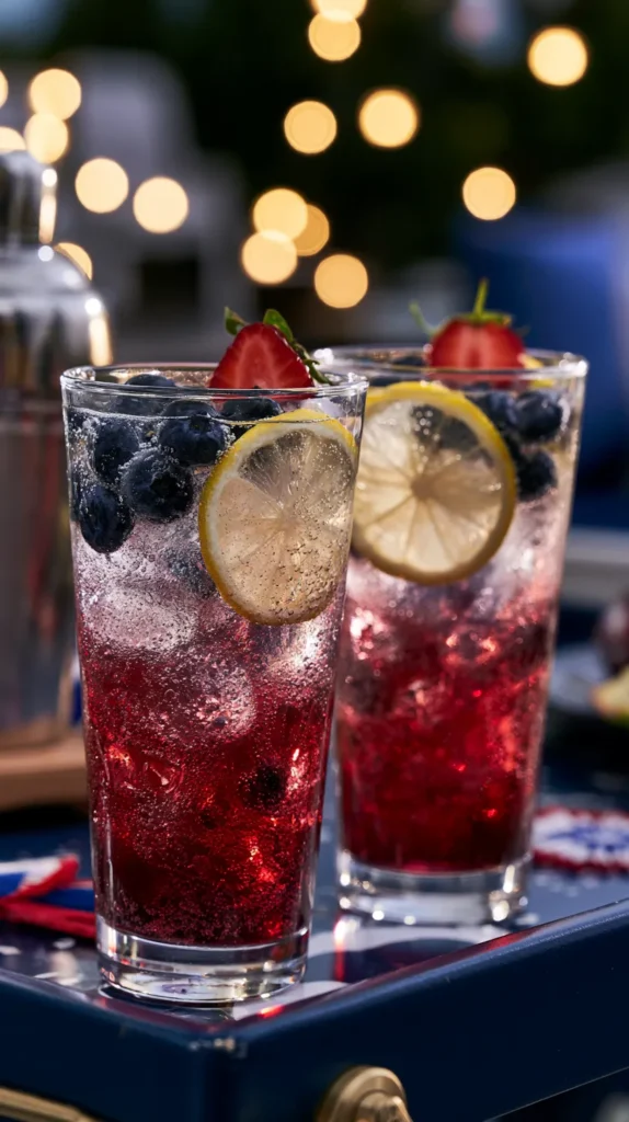 Blueberry gin fizz, hyper-realistic editorial cocktail photography, two tall clear glasses filled with a deep purple-blue blueberry gin fizz topped with sparkling club soda, fresh blueberries, thin lemon wheels, one strawberry slice on each glass, visible fizz, icy chilled look, styled on a navy outdoor bar cart with subtle patriotic decor and string lights softly blurred in the background, elegant early evening summer party setting, no people, no text, no watermark