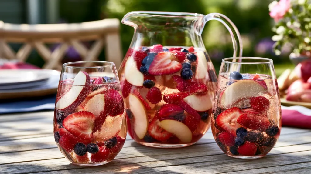 Strawberry rosé sangria, hyper-realistic editorial cocktail photography, a large clear glass pitcher and two stemless wine glasses filled with pale blush strawberry rosé sangria, sliced strawberries, raspberries, blueberries, thin white peach slices, sparkling bubbles, ice cubes, chilled glossy fruit, styled on a light wood outdoor dining table with a soft red white and blue brunch tablescape, airy backyard garden setting, bright natural light, feminine festive summer entertaining mood, no people, no text, no watermark