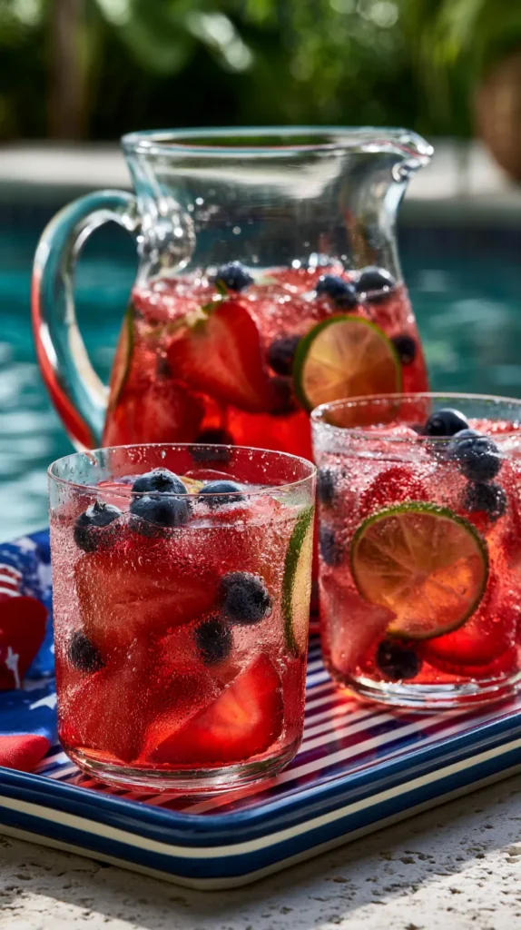 Firecracker pineapple rum punch, hyper-realistic editorial cocktail photography, a clear glass pitcher and two short tumblers filled with bright ruby-pink pineapple rum punch over ice, sliced strawberries, whole blueberries, thin lime wheels, subtle bubbles from ginger ale, juicy tropical look, heavy condensation on the glasses, styled beside a pool on a striped outdoor tray with festive patriotic accents, sunny Fourth of July party atmosphere, vibrant summery background, no people, no text, no watermark