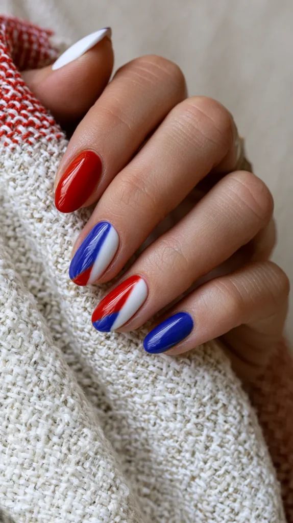red, white and blue patterned nails