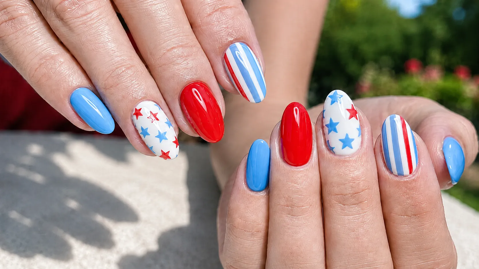 red, white, and blue patriotic nails