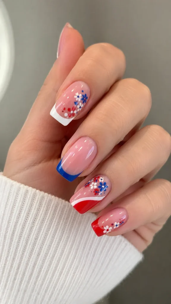 french tips, red, white and blue floral manicure