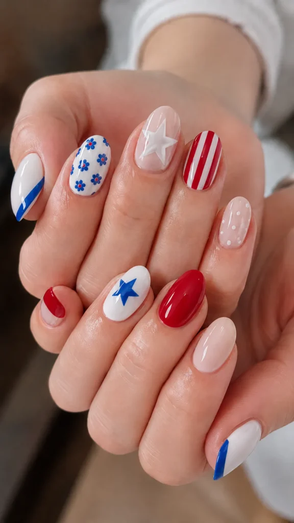 red, white, and blue, stars, stripes, patriotic nails