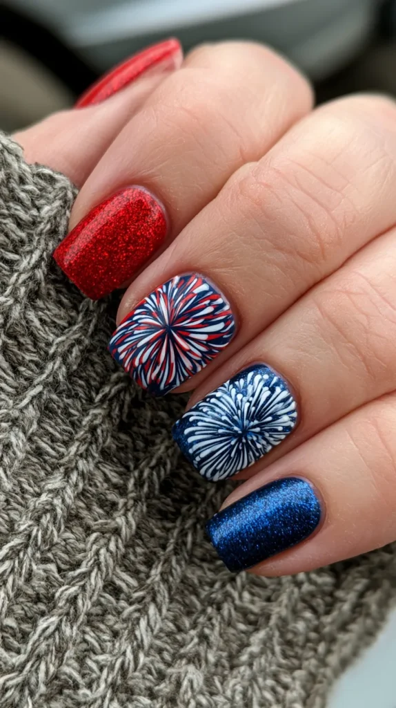 red, white, and blue fireworks