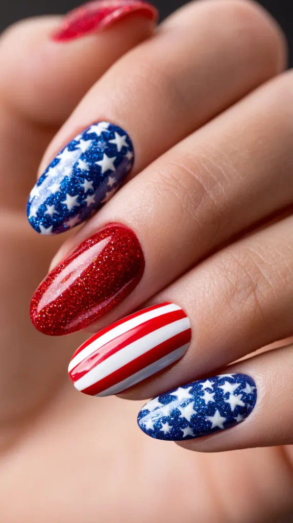 red, white and blue, stars and stripes manicure