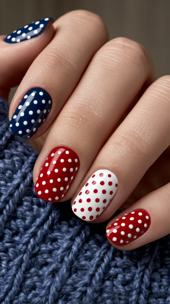 red, white, and blue small dots, patriotic nails