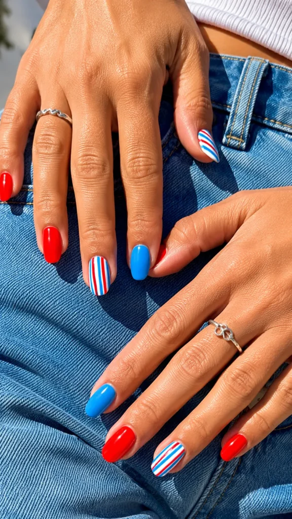 red, white, and blue nails, female hands, 4th of July, memorial day, labor day