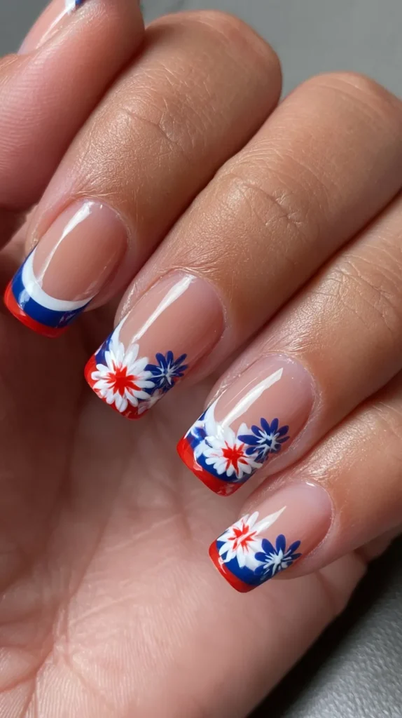 red, white, and blue floral designs, manicure